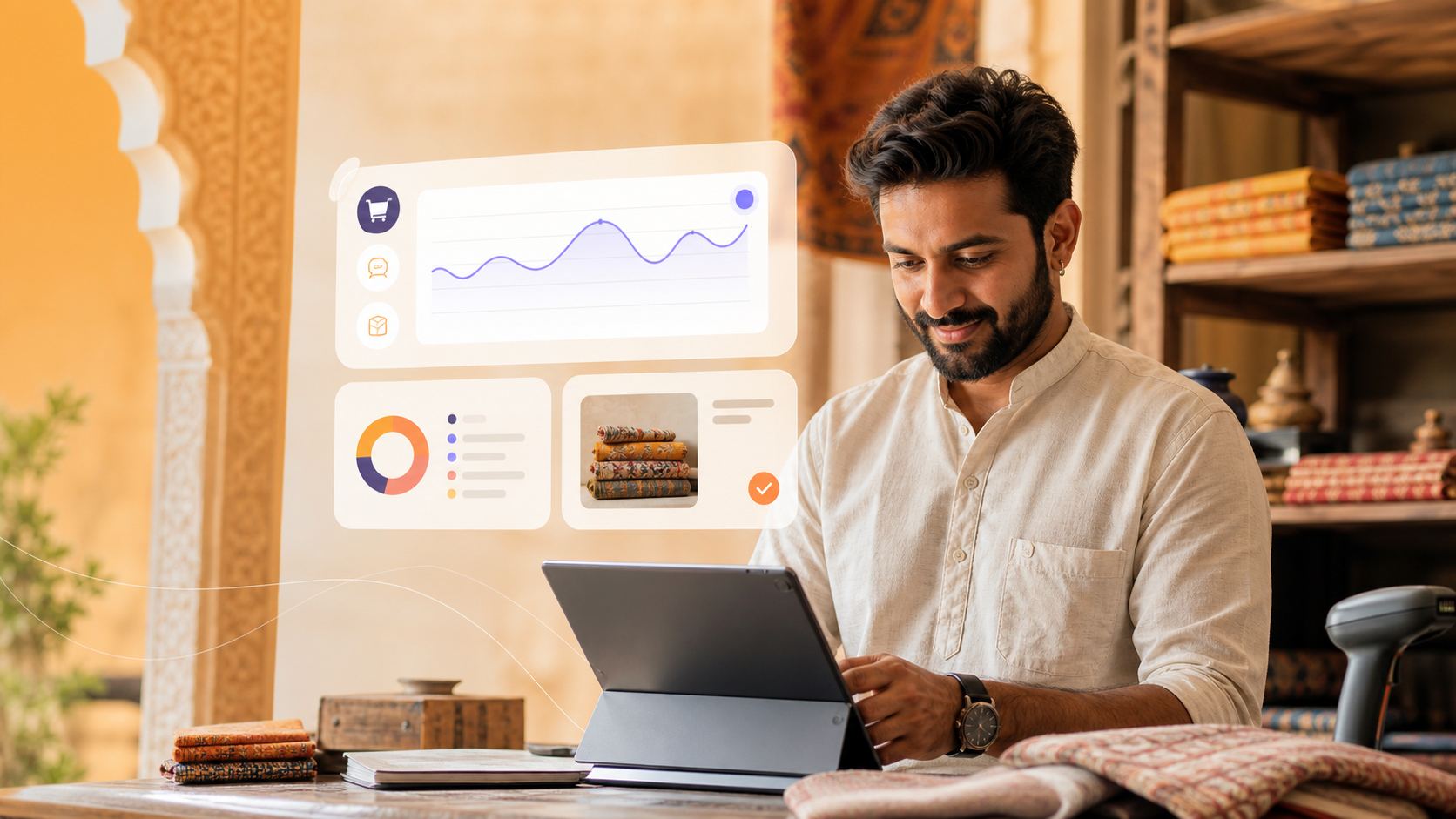 Rajasthan small business owner using a tablet with digital dashboard tools