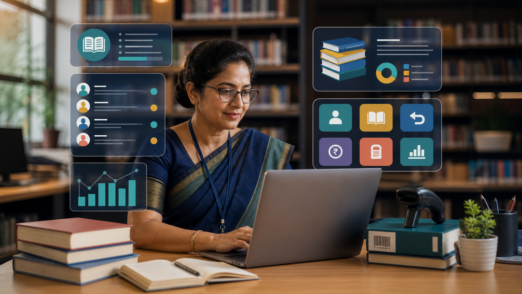 Library management system dashboard for books, members, issue records, and reports